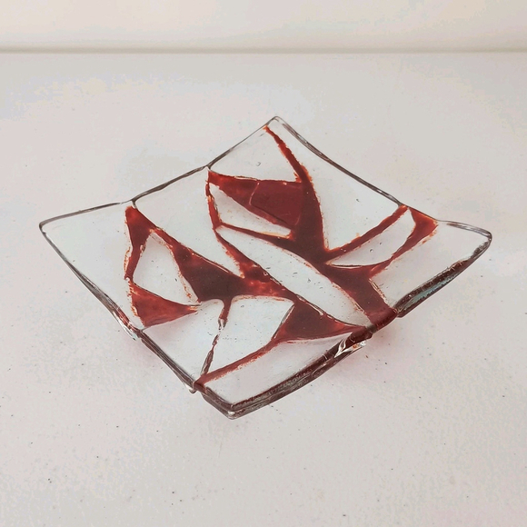 Unmarked Other - Vintage Red Clear Fuses Glass Trinket Dish Square Geometric 5x5